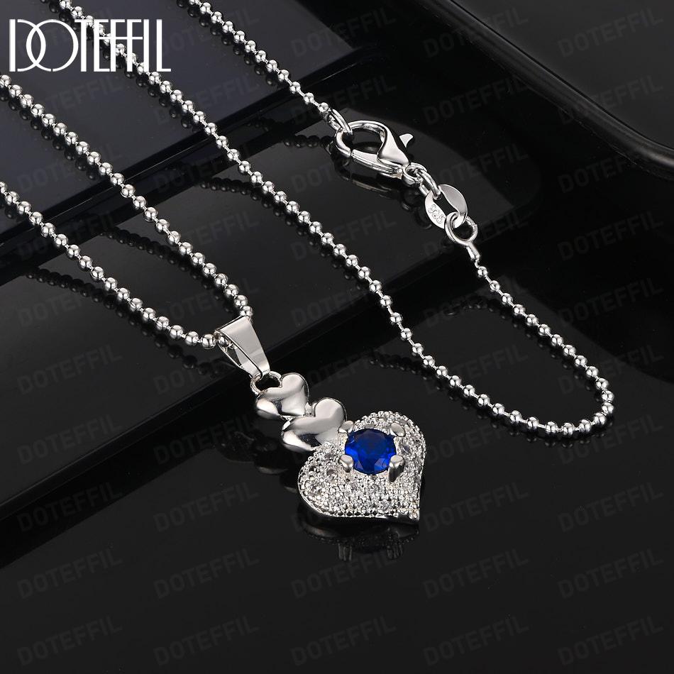 925 Sterling Silver Fashion Jewelry Heart-Shaped AAA Zircon Blue Pendant Wedding Necklace