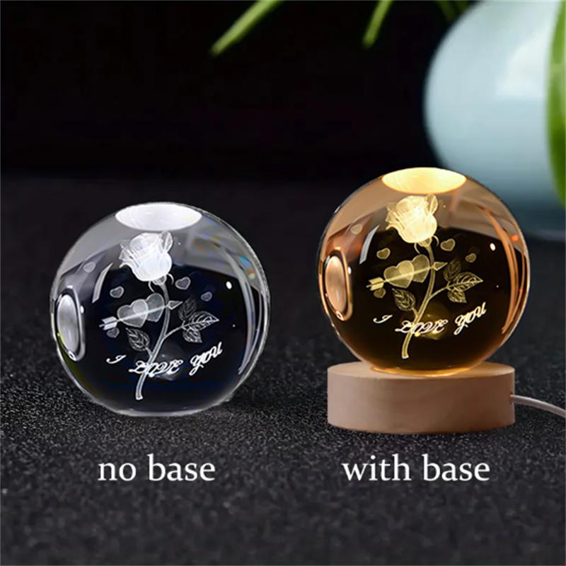 6/8cm 3D Crystal Ball Glass Planet LED Warm Night Light Laser Engraved Solar System Globe Universe Birthday Gift Wooden Base