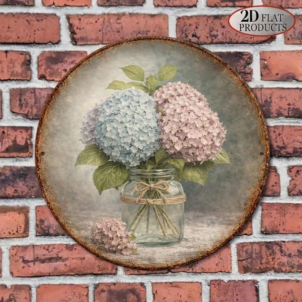 Vintage Hydrangea Round Wall Sign, Rustic Farmhouse Flower Plaque, 2D Flat Wooden Art for Living Room Kitchen Patio, No Frame