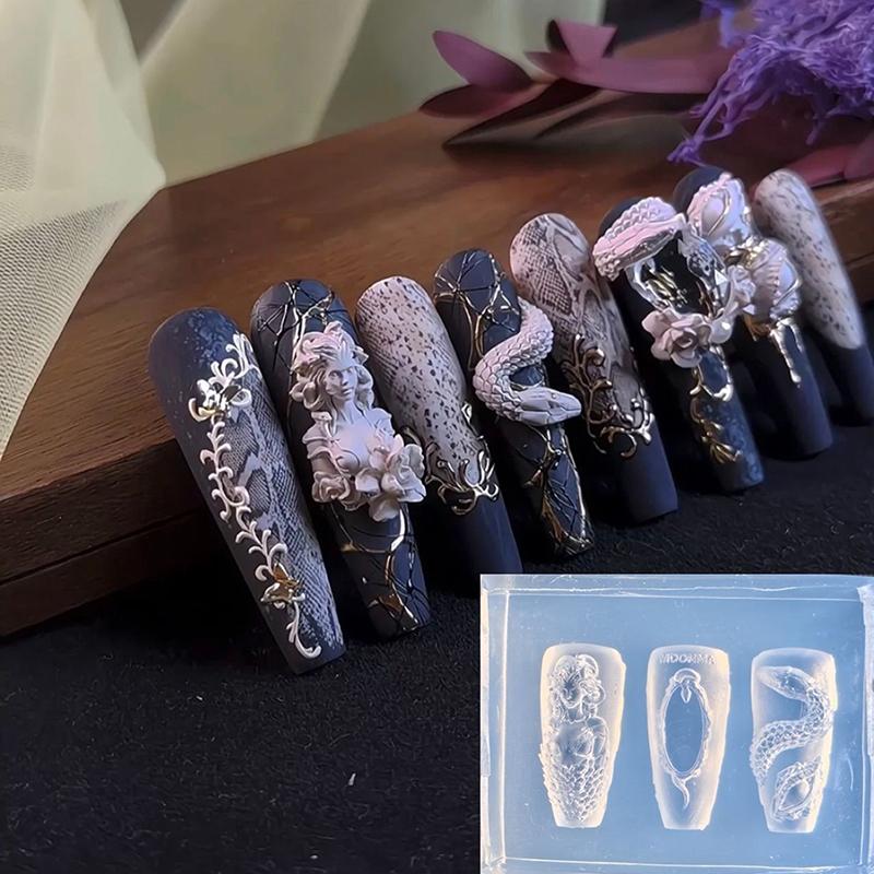 1 Pcs 3D Snake Girl Nail Silicone Carving Mold Snake Diy Nail Decoration Art Nail Beauty Charm Silicone Nail Mold Nails Products