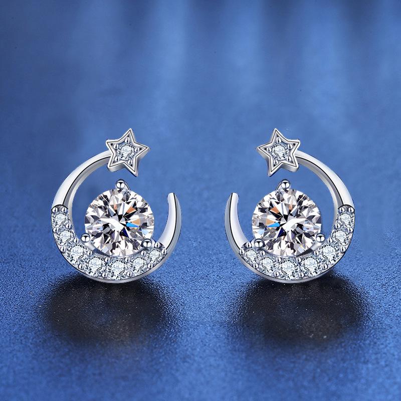 Exquisite S925 Sterling Silver Moissanite Star and Moon Stud Earrings for Pierced Ears
