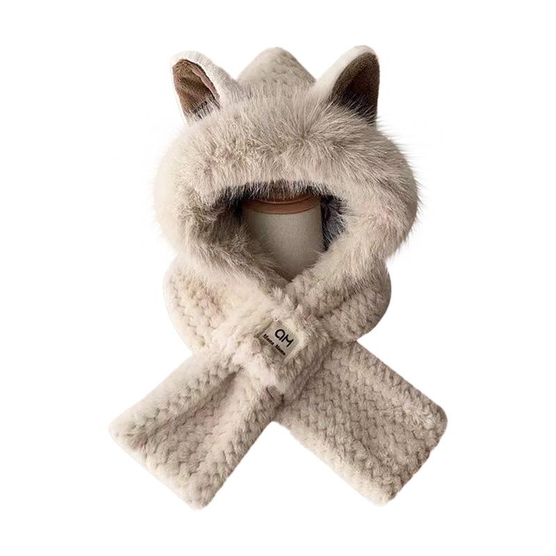 Winter Small Fox Ears Plush Hat Ladies Scarf One-piece Warm Padded Thickened Scarf