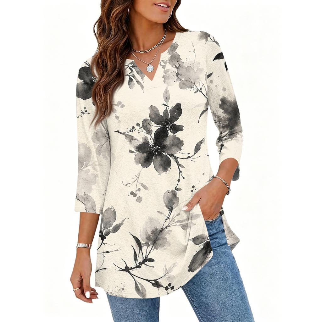 Women's Casual V Neck 3/4 Sleeve Pullover Tunic Top Floral Print Mid Length Blouse Lightweight Soft Fabric