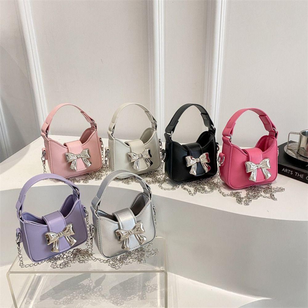 Handbag Silver Bucket Bag Pu Leather Women's Shoulder Bag Simple Bow Buckle PU Bag  Makeup Bag