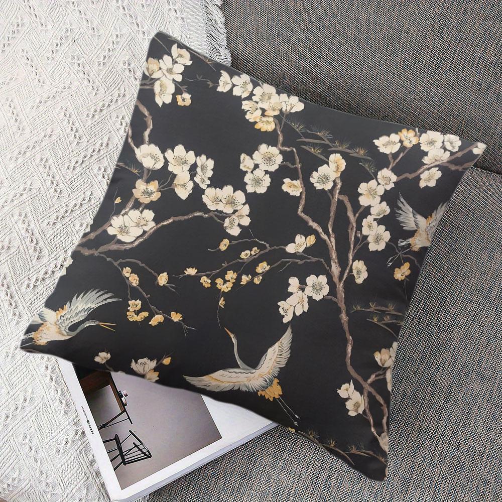 Crane Blossom Square Jacquard Pillow Cover for Sofa Office Waist Cushion Cover Home Decorative Pillowcase