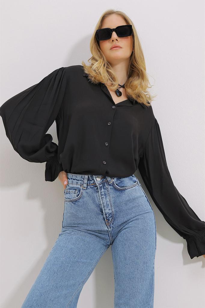 Women's Shirt New Season Fashion Green Sleeves Flounce Viscose Woven Shirt