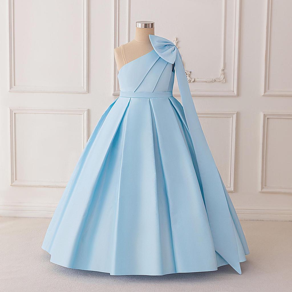 Big Kid One-Shoulder Satin Princess Dress with Bow - Formal Wedding & Runway Costume