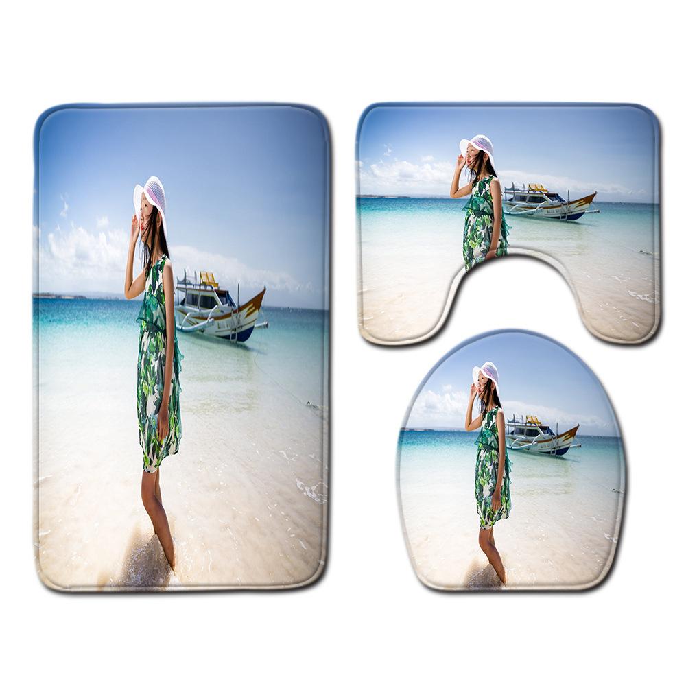 Beach View Bathroom Floor Mat Three-Piece Toilet Carpet Toilet Mat Set Door Mat Bathroom Non-Slip Mat