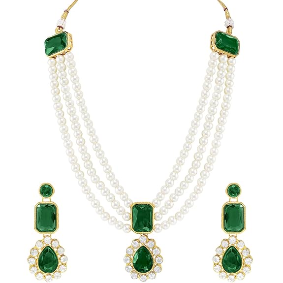 Gold Plated Kundan Long Necklace Earring Indian Traditional Jewellery Set for Women & Girls