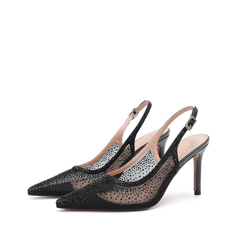 WO Huizhou 2025 summer new European and American fashion pointed mesh yarn rhinestone fine high heel temperament bag head sandals women