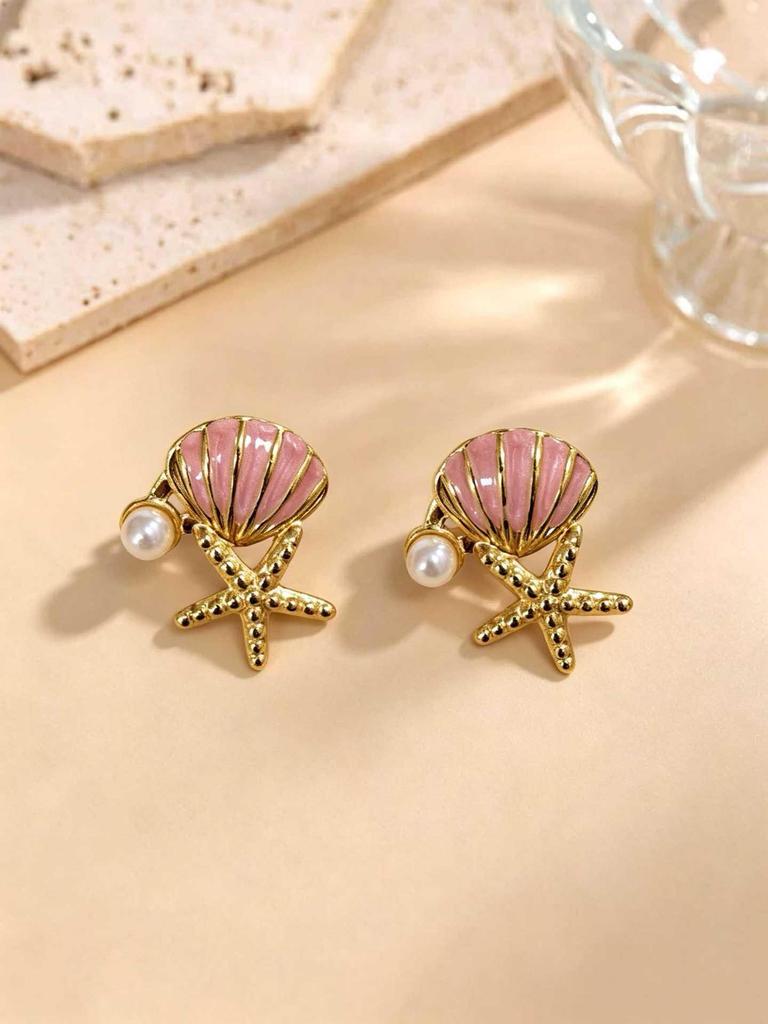 Cross-Border Glazed Starfish & Shell Pearl Stud Earrings - Light Luxury Beach Jewelry