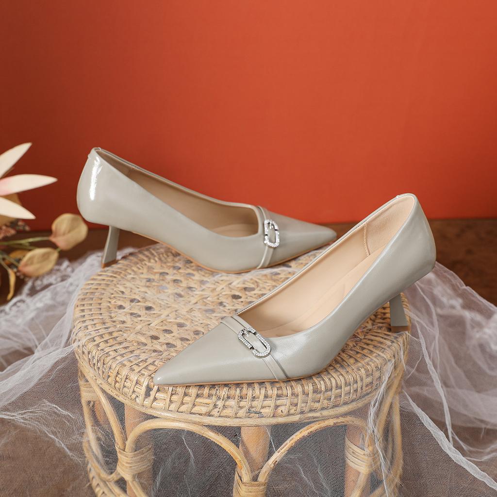 Spring rhinestone buckle one pedal super soft single shoes shallow mouth women, new white women pointed high heels are not tired