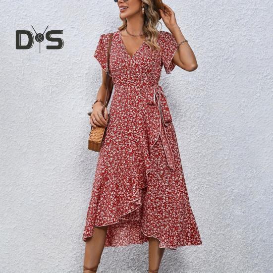 Summer Floral Maxi Dress for Women V Neck Short Sleeve Ruffle Hem Wrap Dress Boho Casual Split Flowy Beach Long Dress