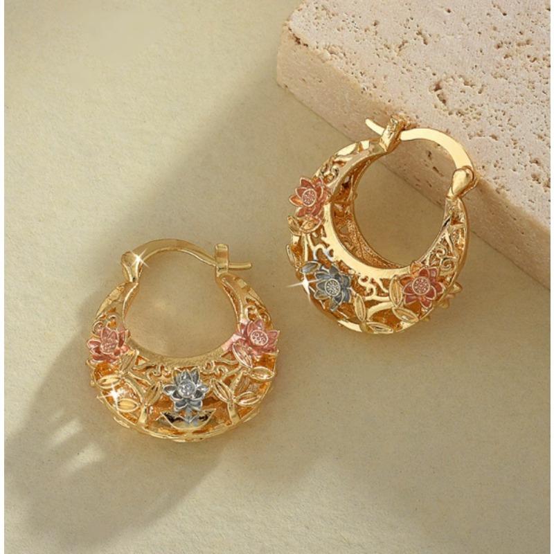 1Pair Elegant Retro Carved Hollow Hoop Earrings, Exquisite Accessories For Women, Perfect Jewelry For Holiday Weddings