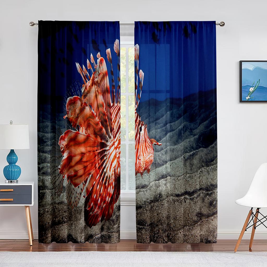 Ocean Underwater World Tulle Voile Curtains Tropical Fishes Shark Coral In The Deep Sea Sheer Curtain for Living Room Bedroom