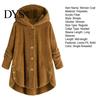 Solid Color Women Jacket Plush Coat Hooded Long Sleeve Side Buttons Hem Single Breasted Mid-length Casual with Pockets Loose Fit Velvet Winter