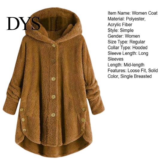 Solid Color Women Jacket Plush Coat Hooded Long Sleeve Side Buttons Hem Single Breasted Mid-length Casual with Pockets Loose Fit Velvet Winter