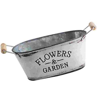 Durable Rustic Iron Oval Flowerpot Wooden Handle European Style Retro Flower Vase Pastoral Wooden Flower Bucket Balcony
