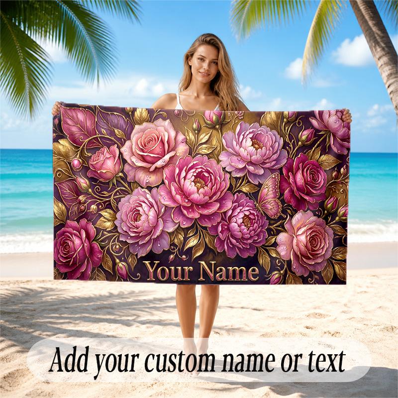 Floral Garden Theme Quick Dry Beach Towel Custom Name Text Print Large Sand Resistant Towel Beach Vacation