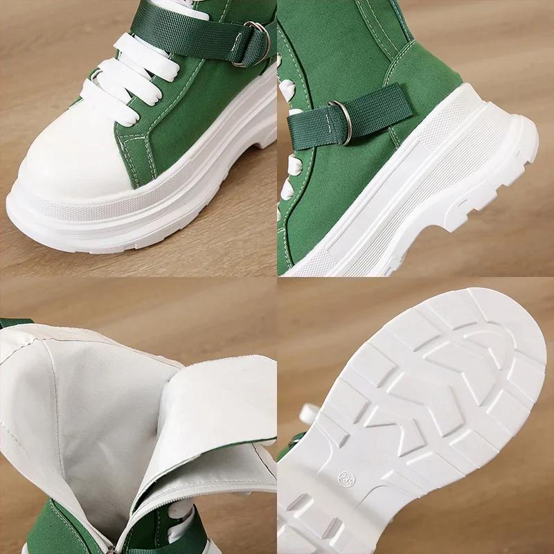 Scarpe Donna in Tela Arancione con Plateau Spesso Autunnali Stivaletti alla Caviglia Stringati Design Y2K Stivali da Motociclista da Donna