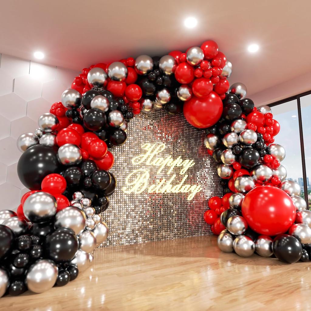187/140pcs Red, Black, and Gold with Exploding Star Balloon Arch Set, Suitable for Birthday and Christmas Decoration