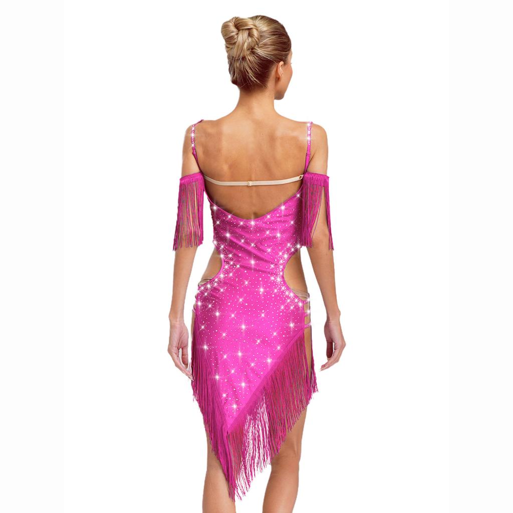 Womens Latin Dance Performance Costume Backless Cutout Design Spaghetti Straps Fringe Rhinestones Dress