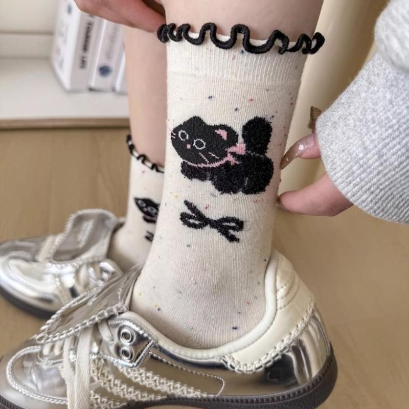 5 Pairs Autumn-Winter Cotton Mid-Tube Socks Ruffled Cartoon Design for Women