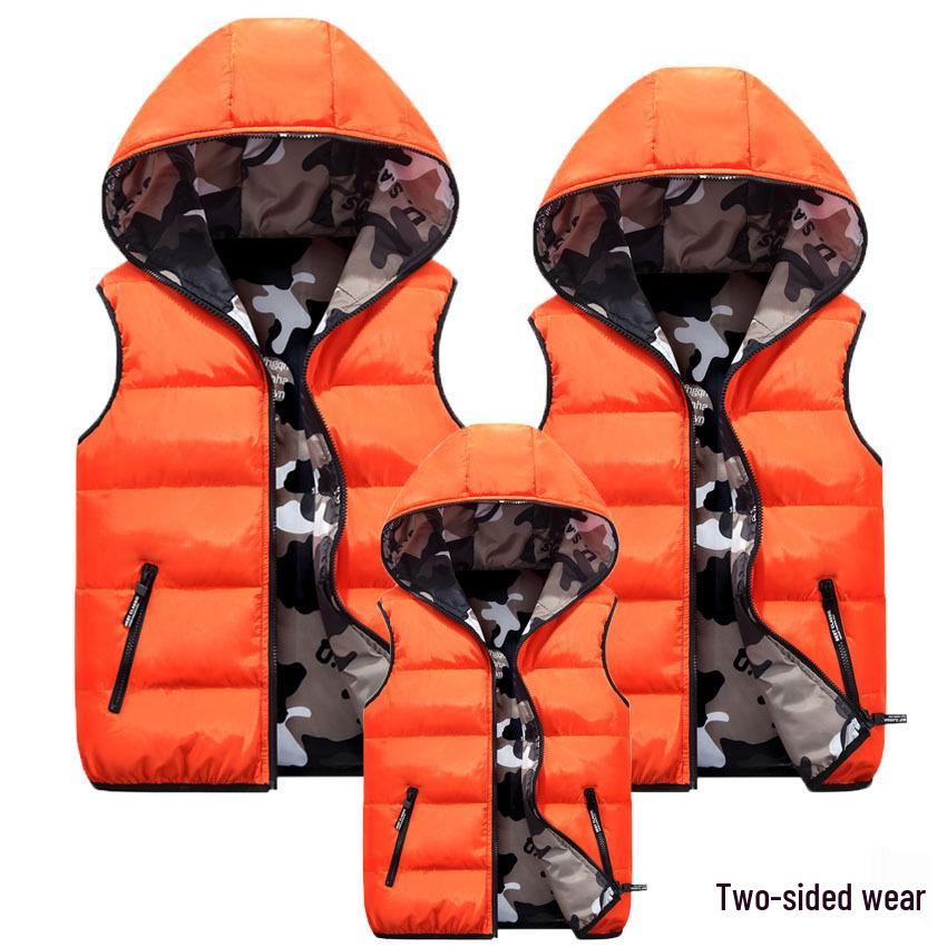 2024 New Girls' Reversible Camouflage Hooded Vest: School Uniform for Middle & Big Kids, Autumn/Winter Cotton