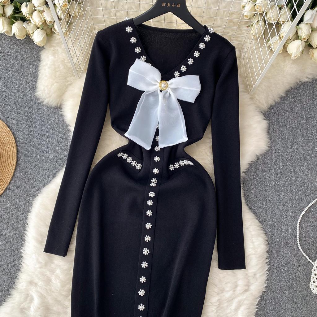Elegant Bow High Waist Fashion Bodycon  Dress Long Sleeve Sexy Knit Elastic Tight Vestidos Autumn Winter Pencil Sweater Dress