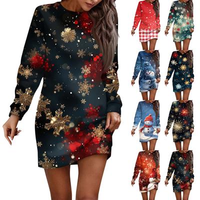 Long Sleeve Dress For Women Casual Christmas Printed Pullover Hip Pack Dress Sweater Dress Autumn