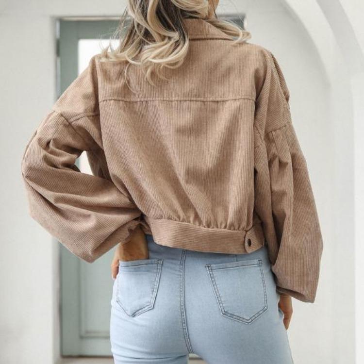 Giacca Corta in Velluto a Coste Vintage Autunnale da Donna Cappotto Monocolore Revers Manica a Lanterna Monopetto Capospalla