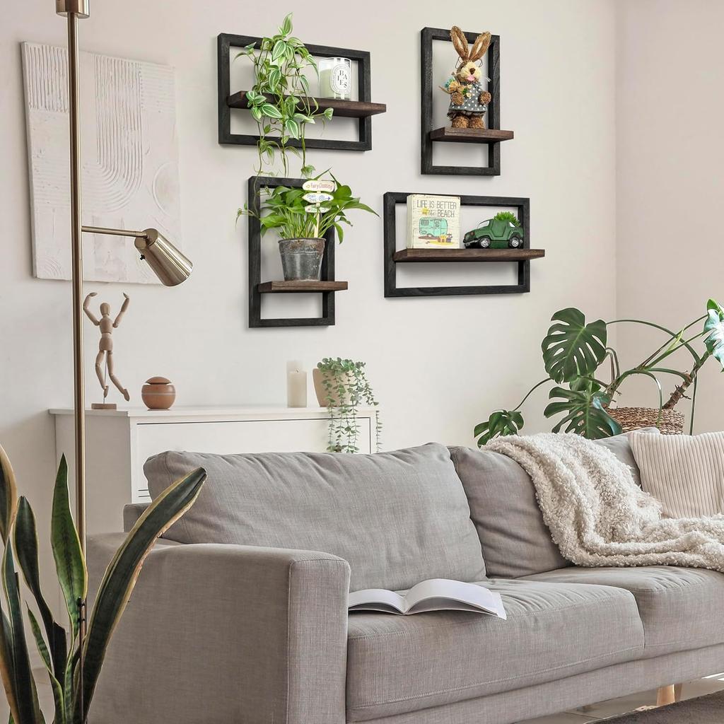 Floating Shelves for Wall, Modern Farmhouse Wall Shelves Decor Set of 4,Wall Mounted Rustic Wood Shelves for Wall Decor and Small Plants,Living Room