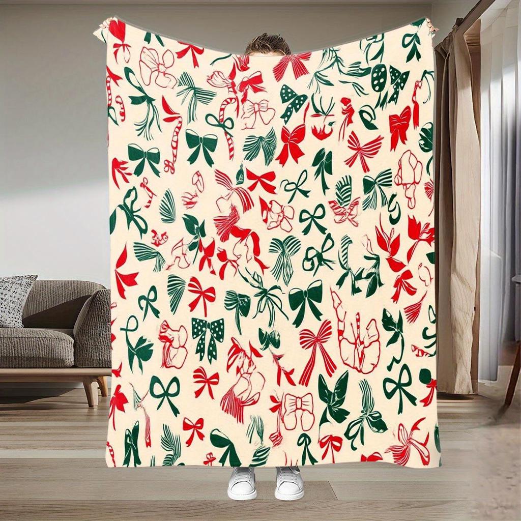 Flannel Blanket with Bow Pattern, Suitable for All Seasons, with a Retro and Sweet Style, Perfect for Fashion Enthusiasts