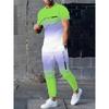 Men'S 3D Casual Suit, Gradient Color High-Definition Pattern Printed Short-Sleeve T-Shirt And Drawstring Straight-Leg Pants Set