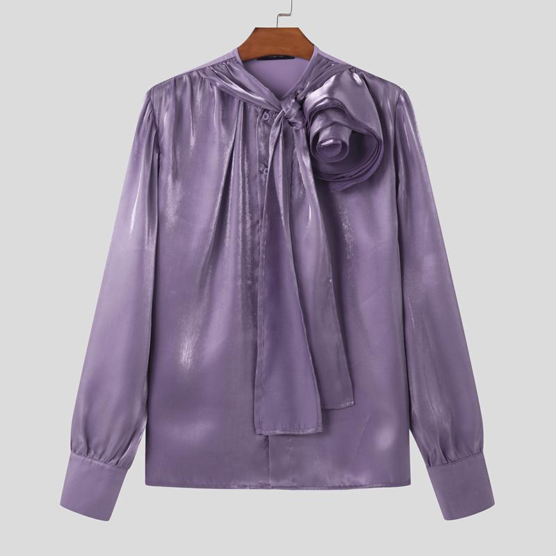 

INCERUN Мужские рубашки с круглым вырезом, оборками, цветочным принтом и блестками, на пуговицах, повседневные, для вечеринок, топы в стиле пэчворк 3XL