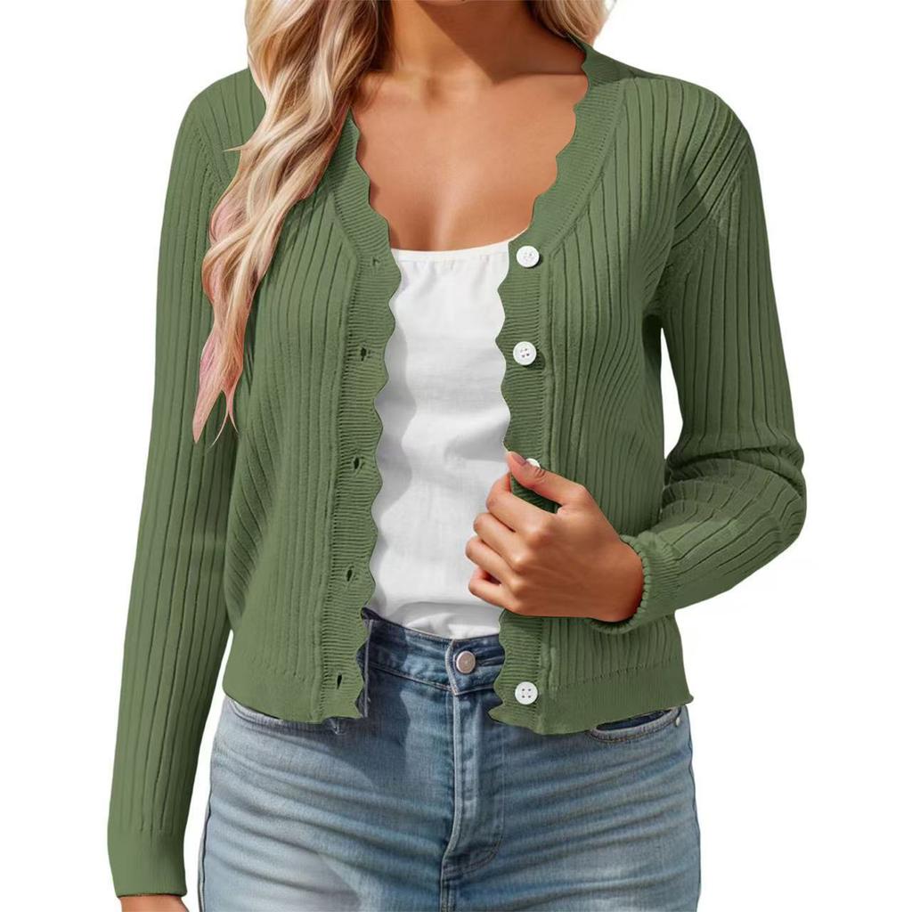 Women's Solid Color Casual Cardigan With Fungus Edge V-neck Thin Short Knit Jacket