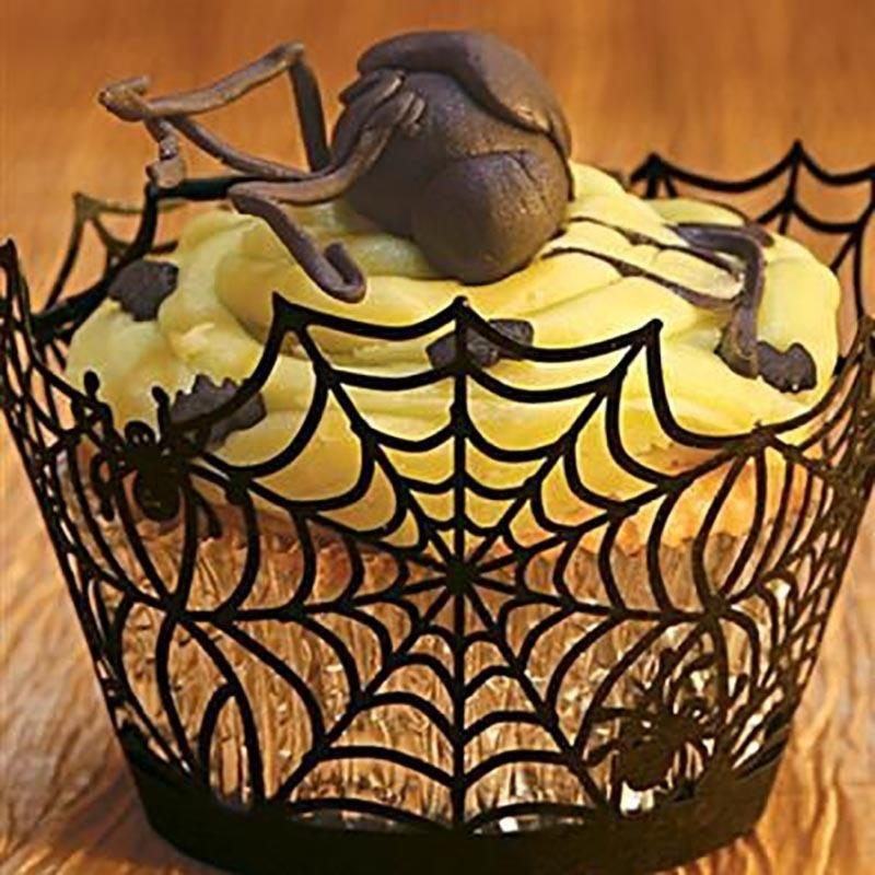 12pcs/set Halloween Hollow Paper Cup Spider Web Pumpkin Horror Castle Cake Wrap