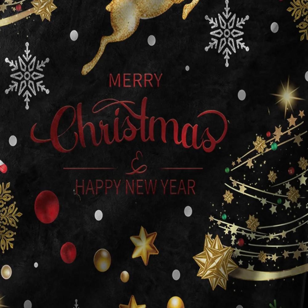 Golden Reindeer Christmas Fleece Blanket, Black with Red Holiday Greeting, Festive Throw for New Year and Xmas Decor