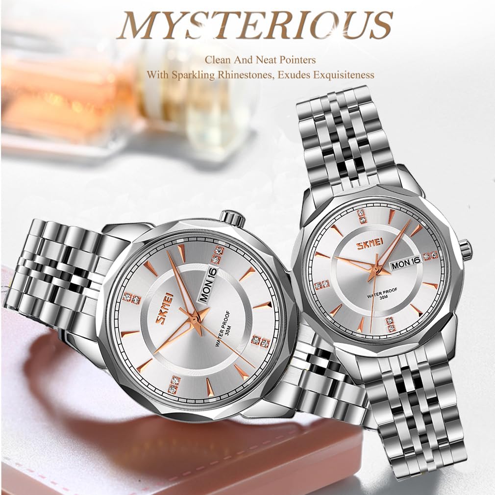 SKMEI Men's Stainless Steel Business Classic Watch, Waterproof, Analog, Stylish, Simple, Date & Day Display, Luxury Gift for Men, Silver