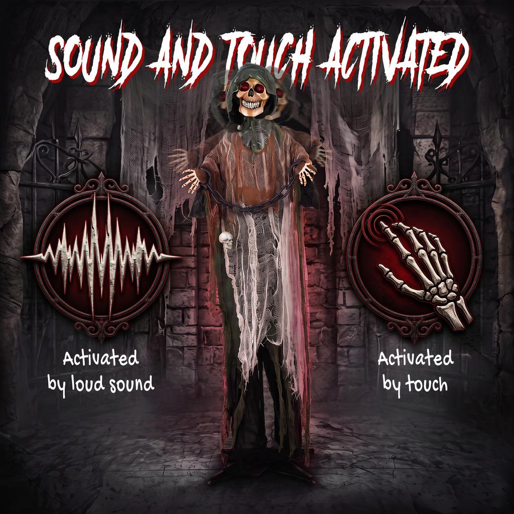 170cm Animated Grim Reaper, Life-Size Halloween Animatronic with Moving Hands/Head, Glowing Eyes, Creepy Sound