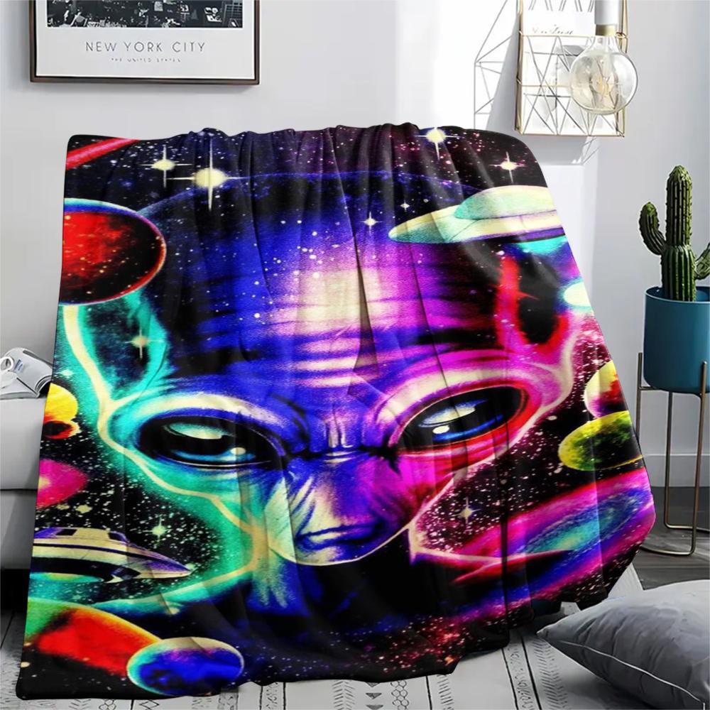1 szt. Koc flanelowy z nadrukiem UFO i kosmitów, Wysokiej jakości, Wygodny na wszystkie pory roku, Wystrój domu, Ciepło i komfort, Idealny na prezenty