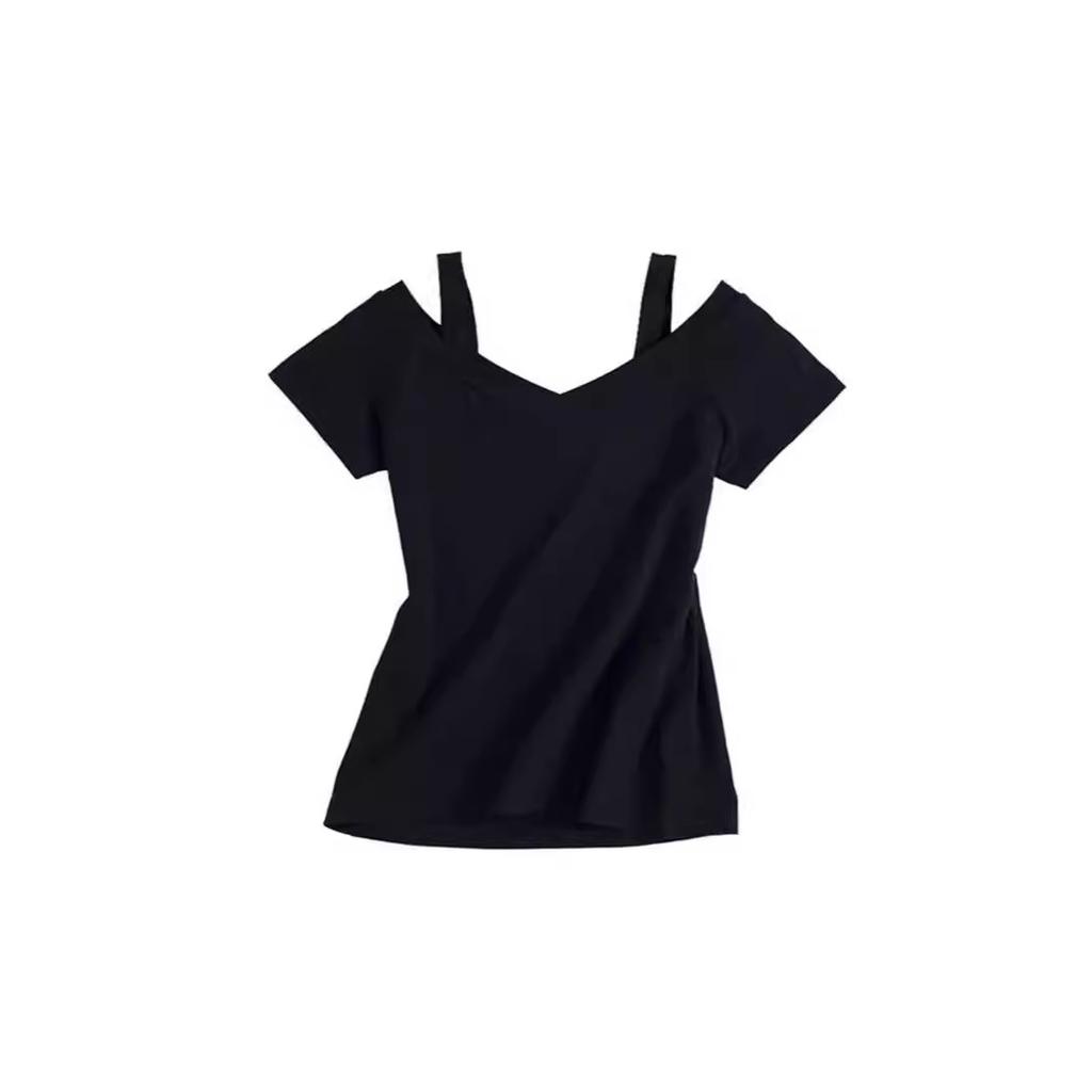Chic Summer Black Sweet Shoulder Suspender Short Sleeve T-Shirt Women's Shoulder Sexy Top Collarbone