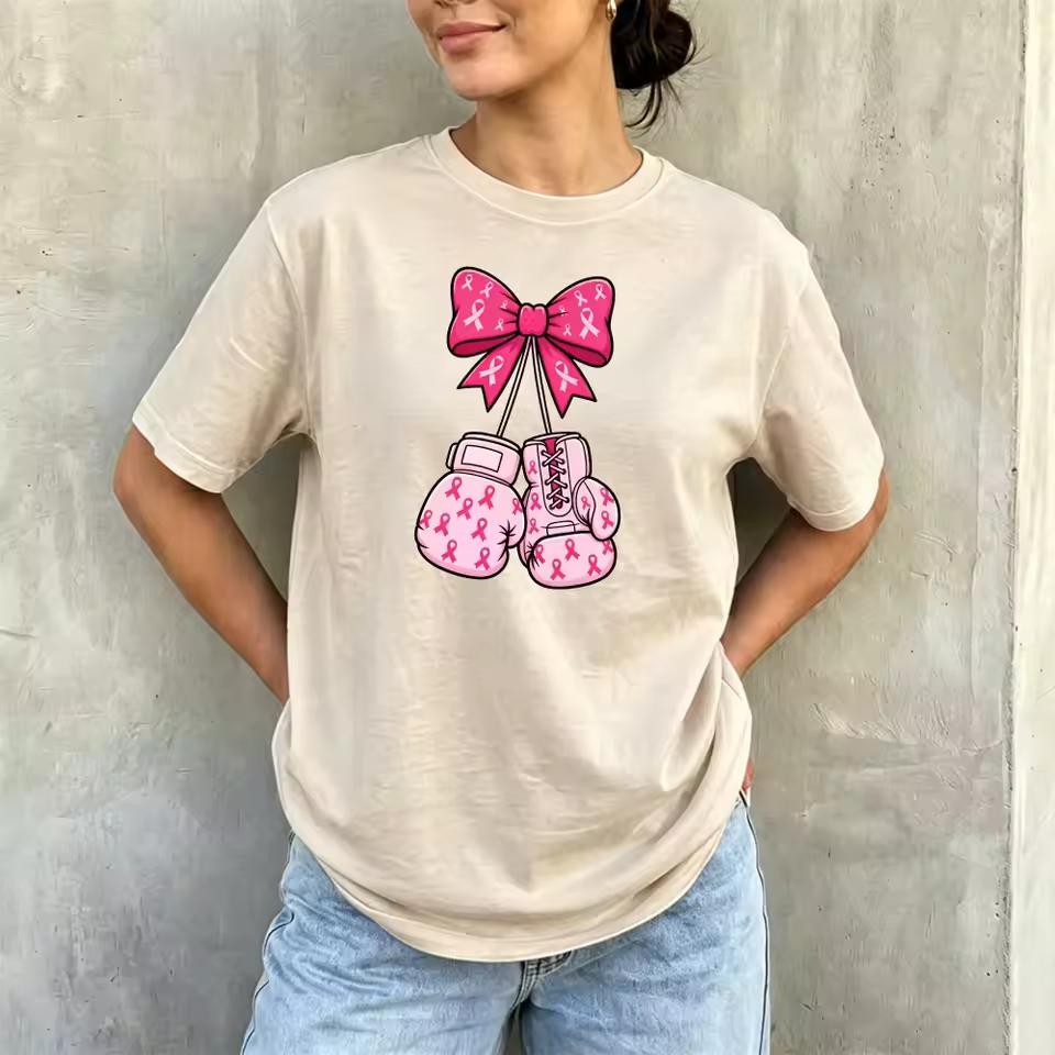 Pink Bow Boxing Glove Breast Cancer Ribbon Women SummT Shirt Awareness Support Girly Graphic Tee Tops