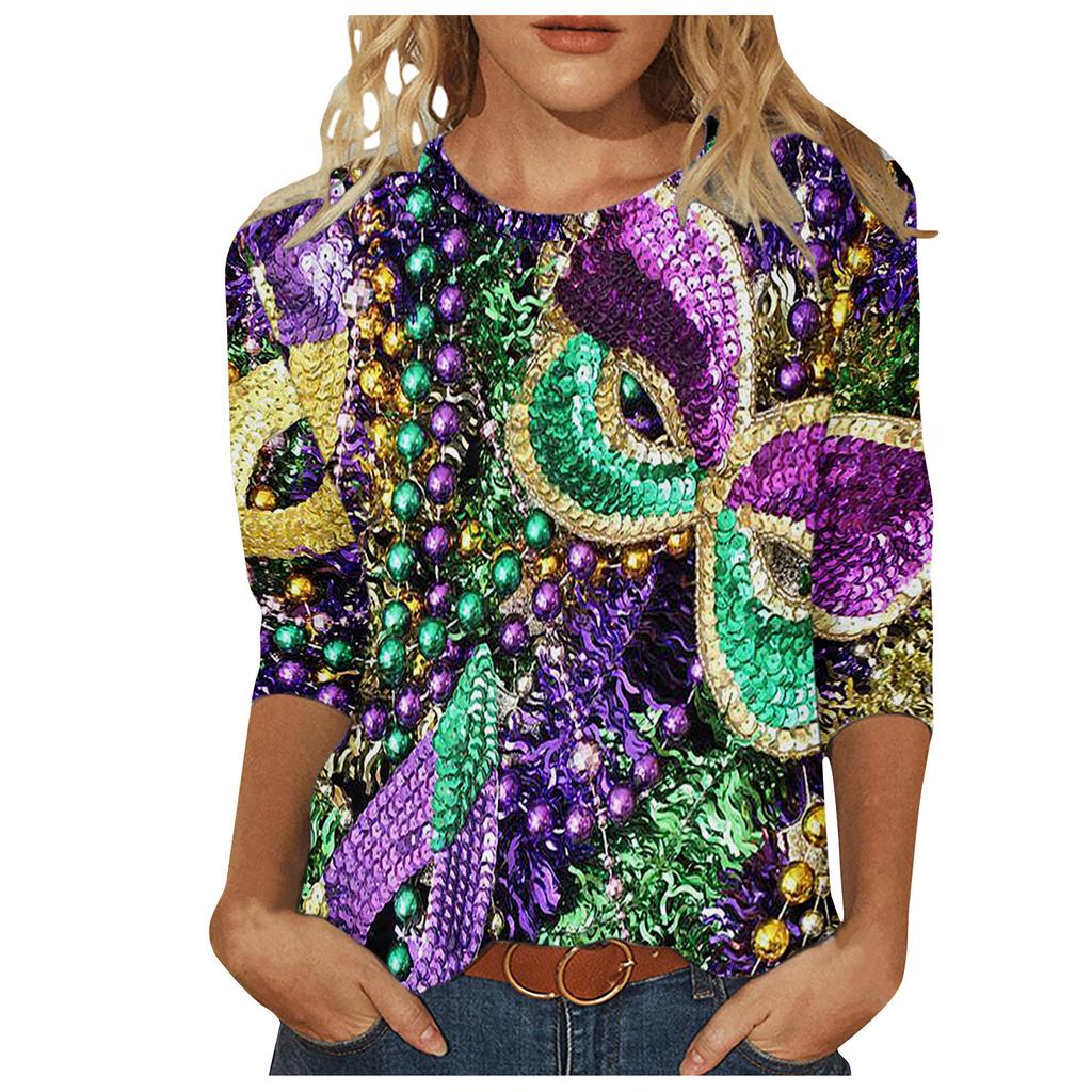 Long Sleeved Glamorous Mask Patterned Top Carnival Themed Printed Women's T-shirts