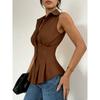 Womens Sleeveless Peplum Shirt With Collar And Button Down Detail Fitted Waist Casual Office Blouse