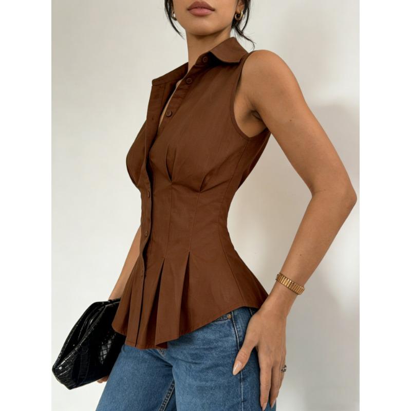 Womens Sleeveless Peplum Shirt With Collar And Button Down Detail Fitted Waist Casual Office Blouse