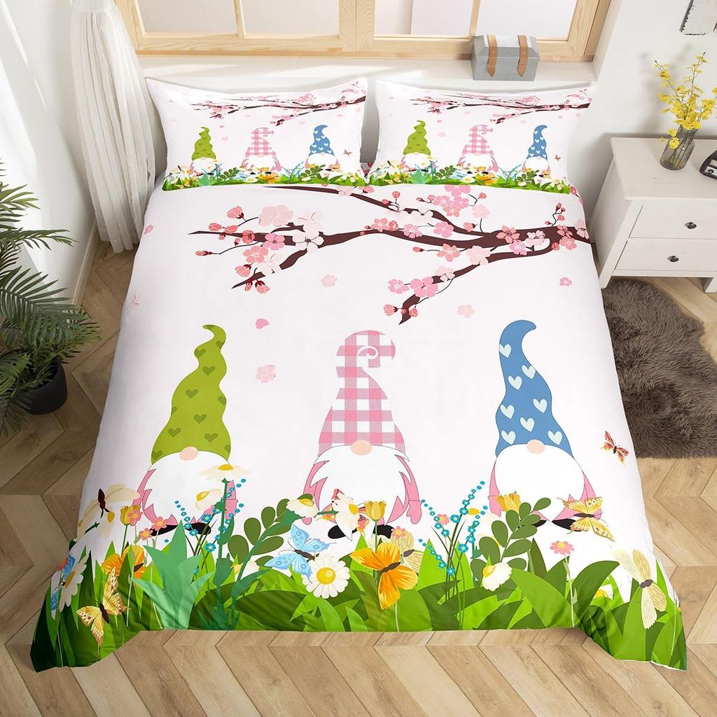 Cartoon Elf Duvet Cover Spring Garden Floral Bedding Set Botanical Flowers Quilt Cover Watercolor Printing Art Comforter Cover