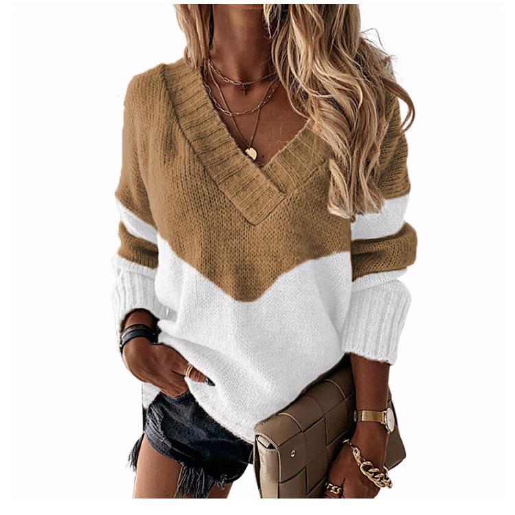 Pullovers Loose Vintage Simple Fashion Autumn and Winter Pullover V-neck Loose Type Pullover Soft Classic Clothes Spelling Color Women's Knitwear