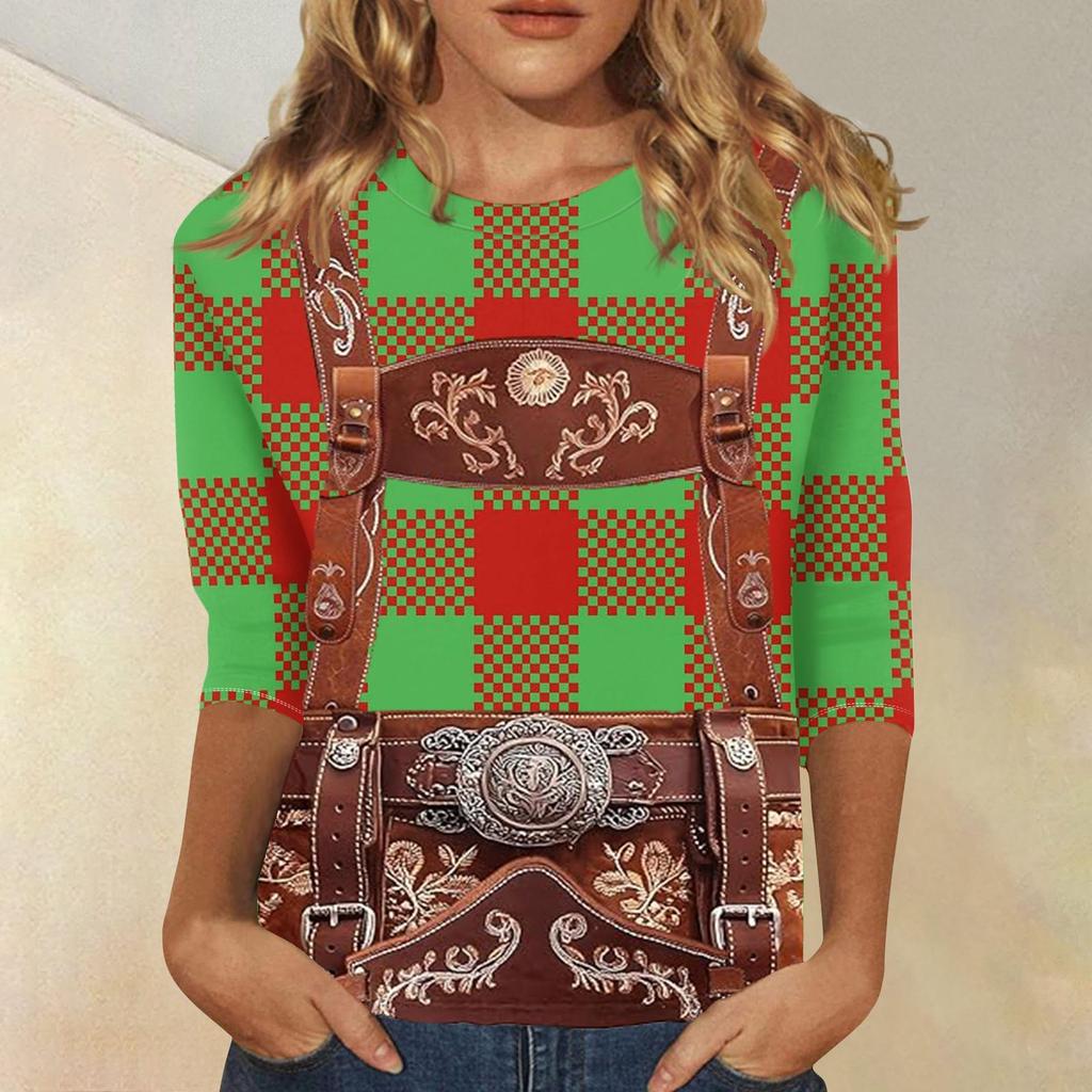 Women Casual Three Quarter Sleeve Oktoberfest Print Round Neck Top Faux Leather Suspenders Pattern Shirt Oktoberfest Style Blouse