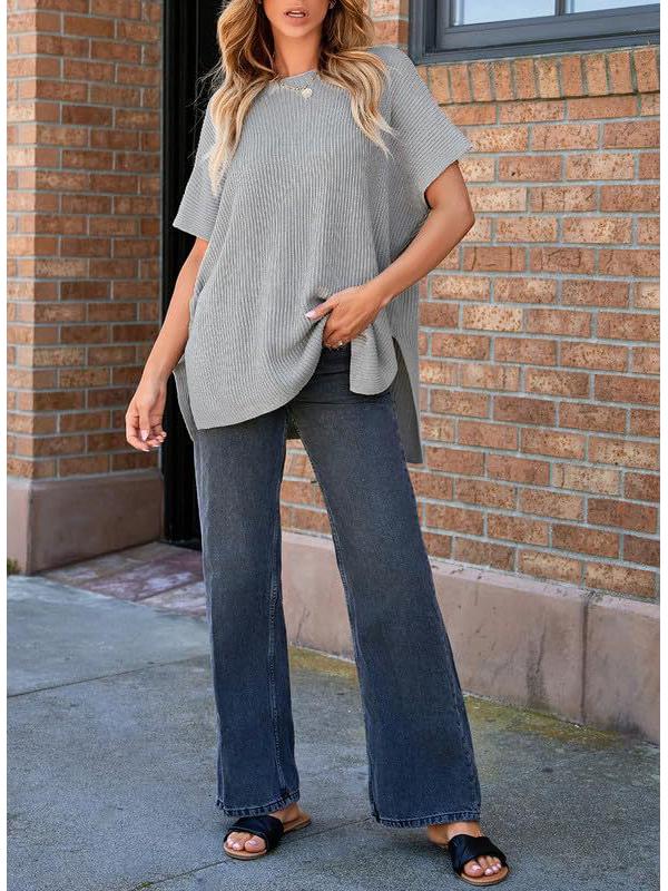 2024 Women's Summer Solid Color Knit Crew Neck Pullover T-Shirt - European & American Casual Loose Fit, Drop Shoulder, Short Sleeve Top